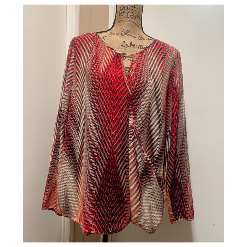 Chicos Blouse Elastic Waist Key Hole Long Sleeve